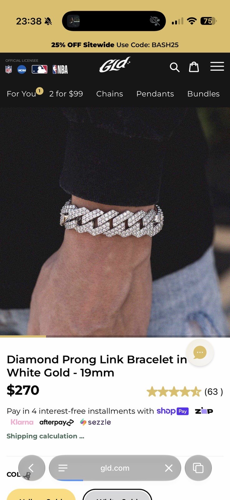 GLD Diamond Prong Link Bracelet in White Gold – 19mm 9”