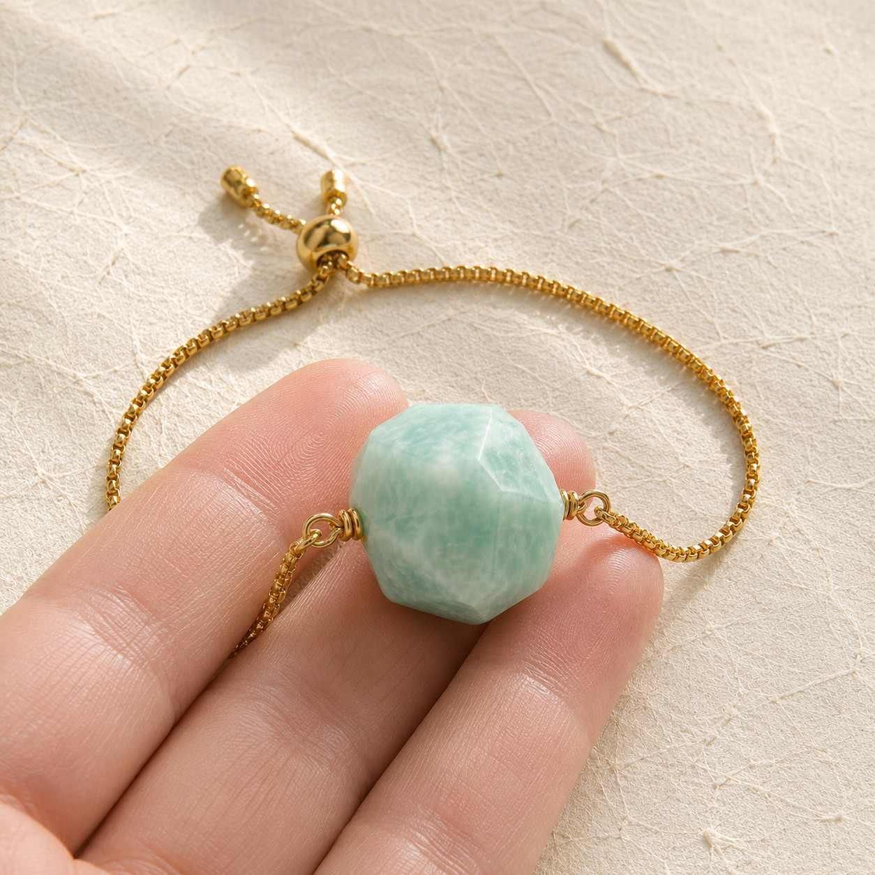 Natural Amazonite Geometric Mood Bracelet | Gold Snake Chain | Lace-Up Charm