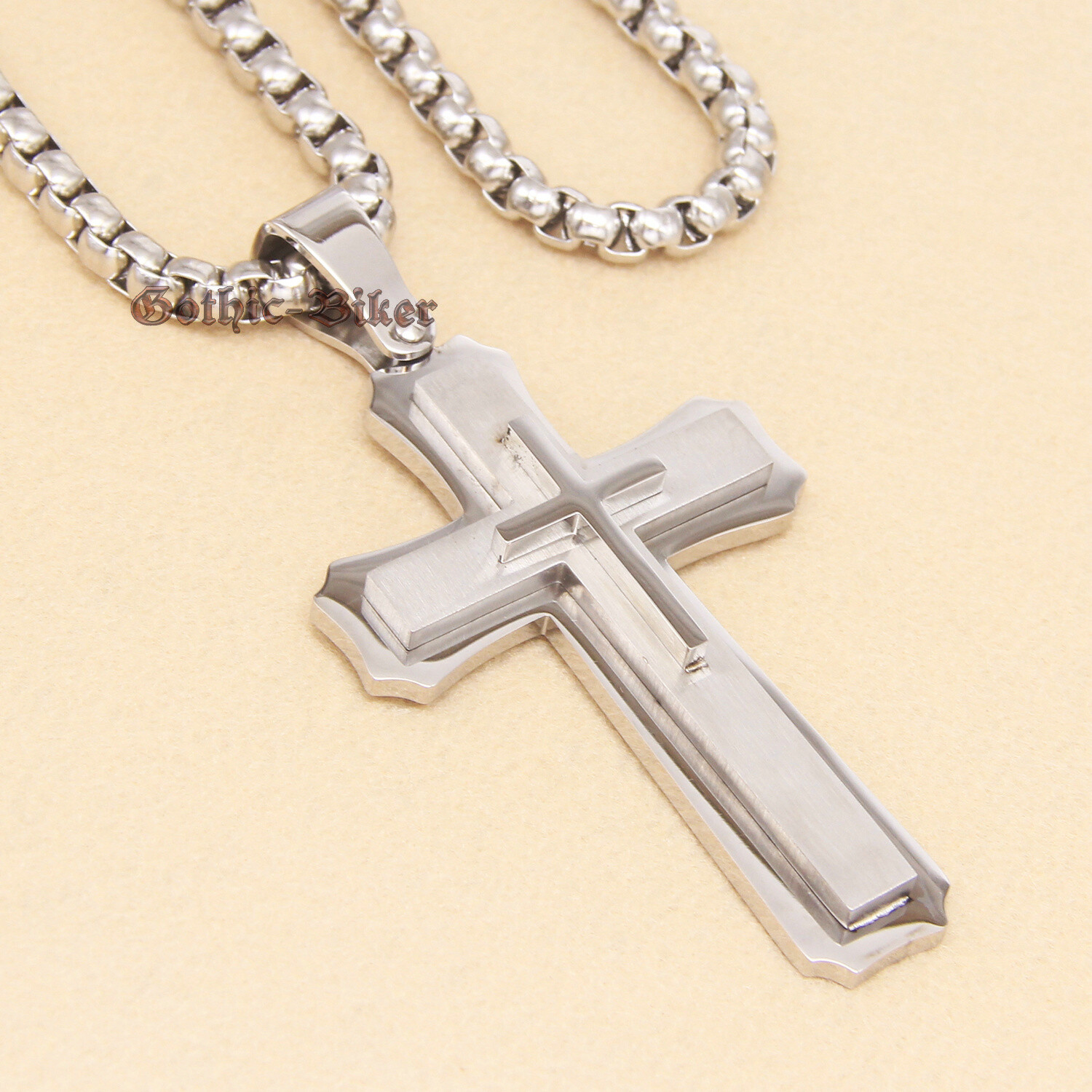 Men’s HUGE Large Heavy Solid 316L Stainless Steel Cross Pendant Necklace 3 Layer
