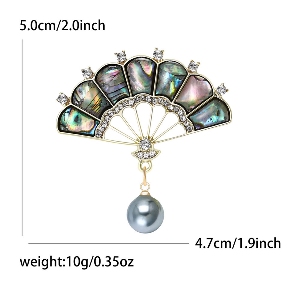Vintage Style Luxury Fan Brooch Gold Rhinestone Pearl Pin Summer Jewelry Gift