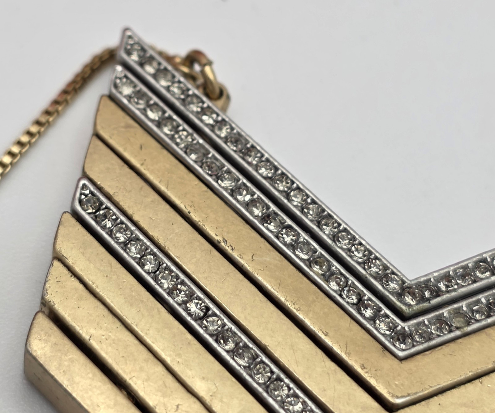 Madewell Chevron Crystal Pendant Necklace Gold Tone Art Deco Geometric 30 In