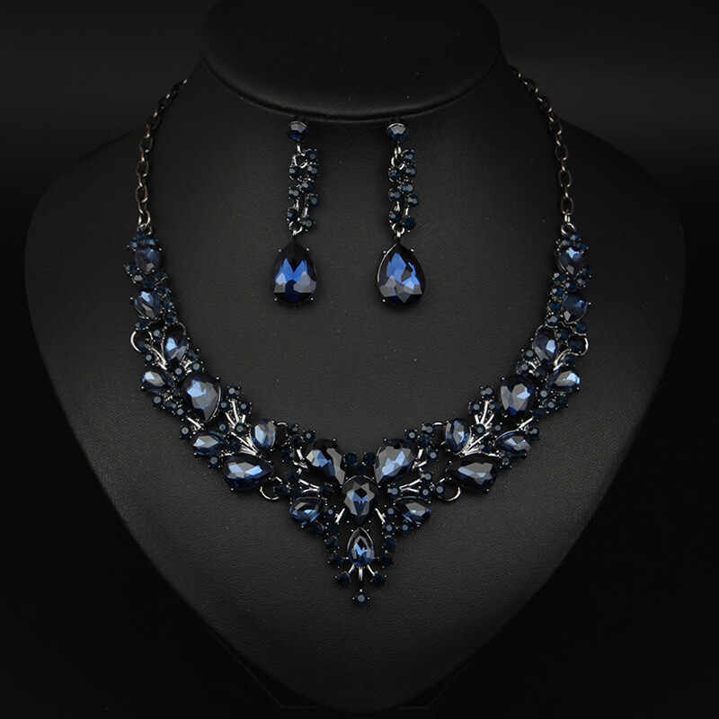 Crystal Gem Necklace Earrings Bridal Jewelry Set Statement Christmas Party Gift