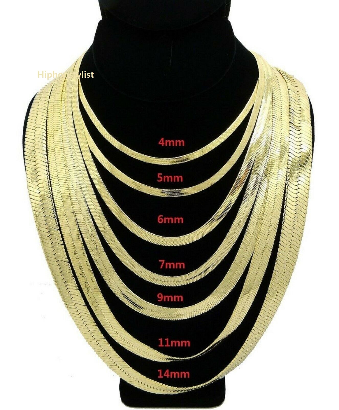 Flat Herringbone Chain 14K Gold Finish 3mm to 11mm 16″ 18″ 20″ 24″ 30″ Necklace