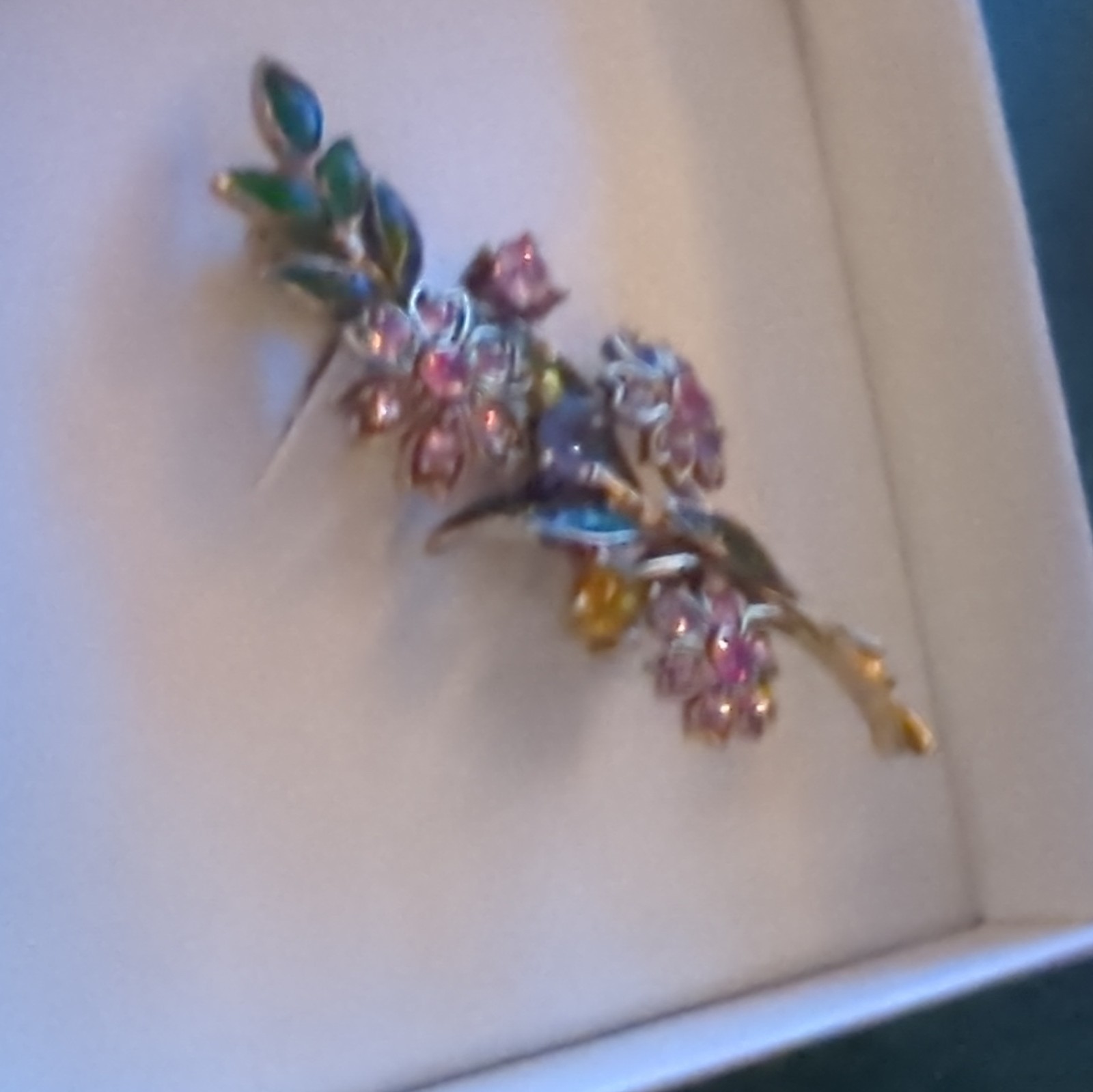 Trifari Floral Gold Tone Brooch Pin Pink Rhinestone Green Leaves Purple