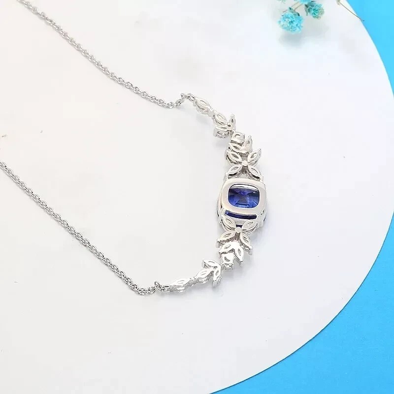 Cushion Cut Simulated Blue Sapphire Women’s Pendant Chain 14k White Gold Plated