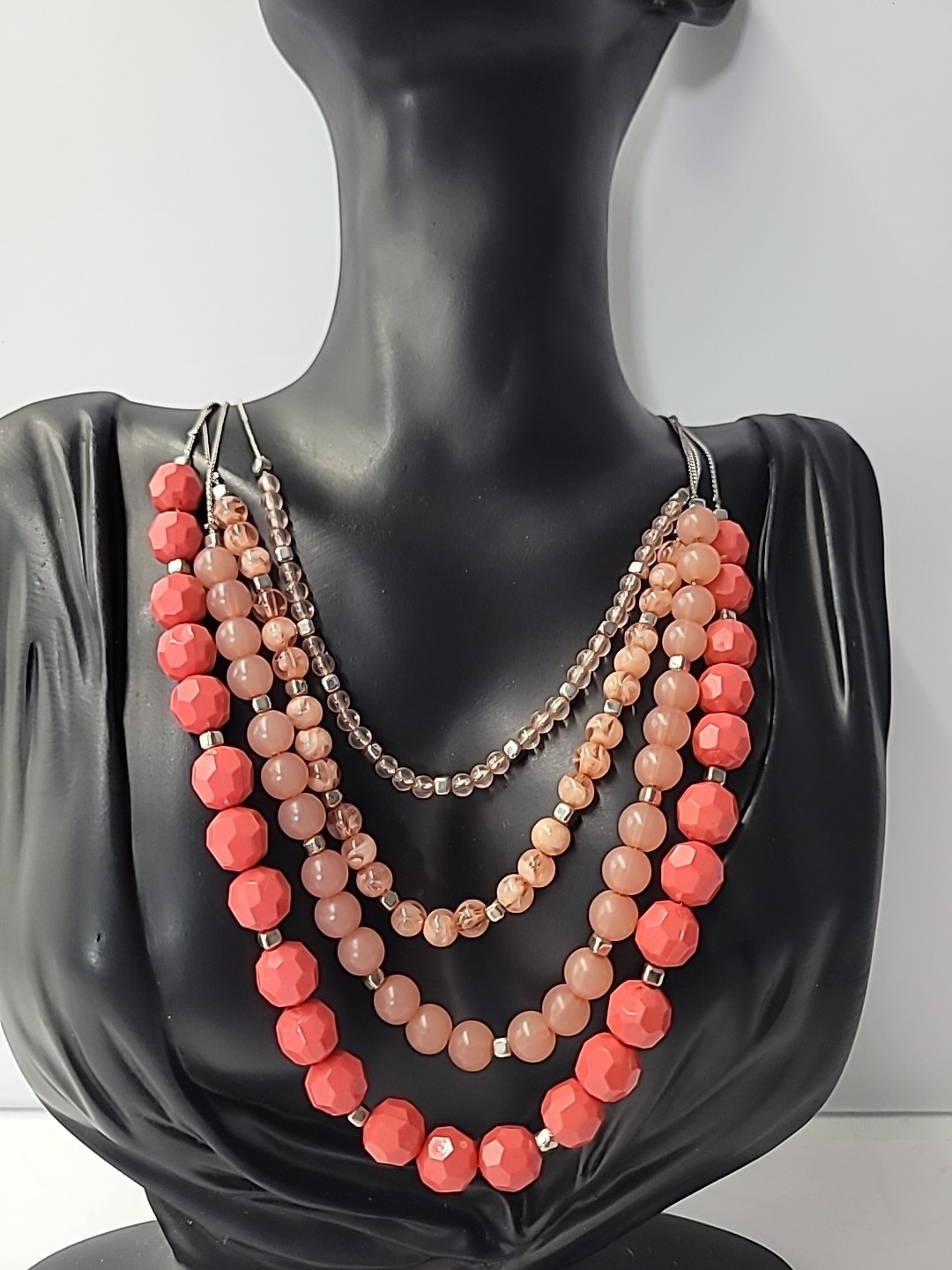 Multi Strand Coral Peach Beaded Statement Necklace Layered Fashion Jewelry