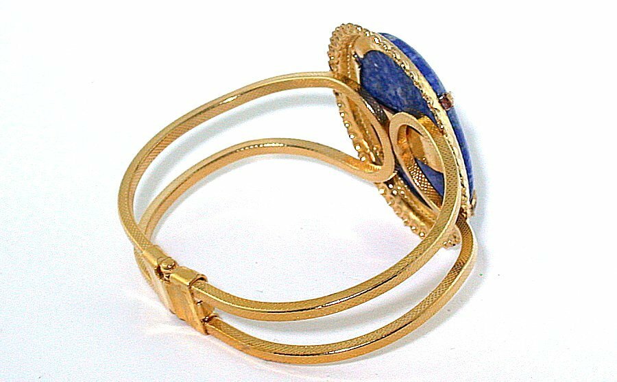 40×30 Lapis Lazuli Cabochon Cab Spring Load 7 1/2 Inch Goldplated Cuff Bracelet