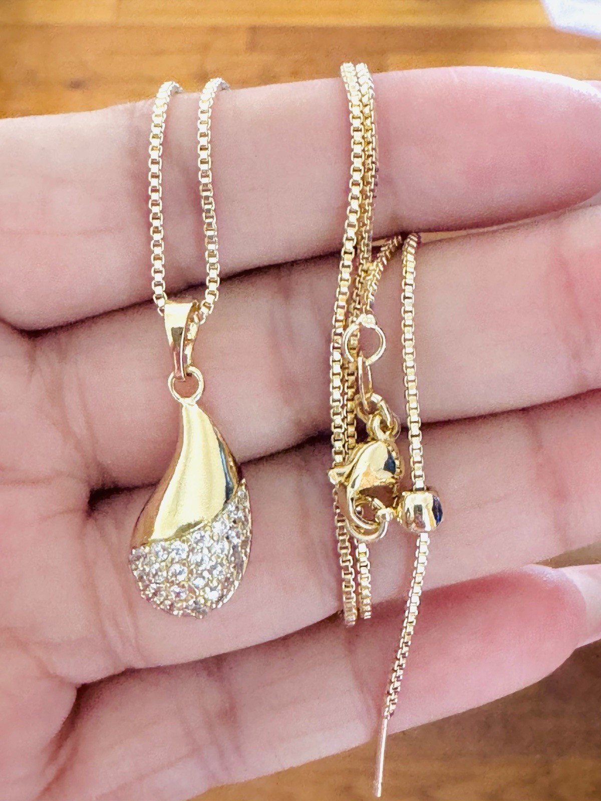 14K Gold Plated Teardrop Pendant Necklace White Crystal Pavé Box Chain necklace