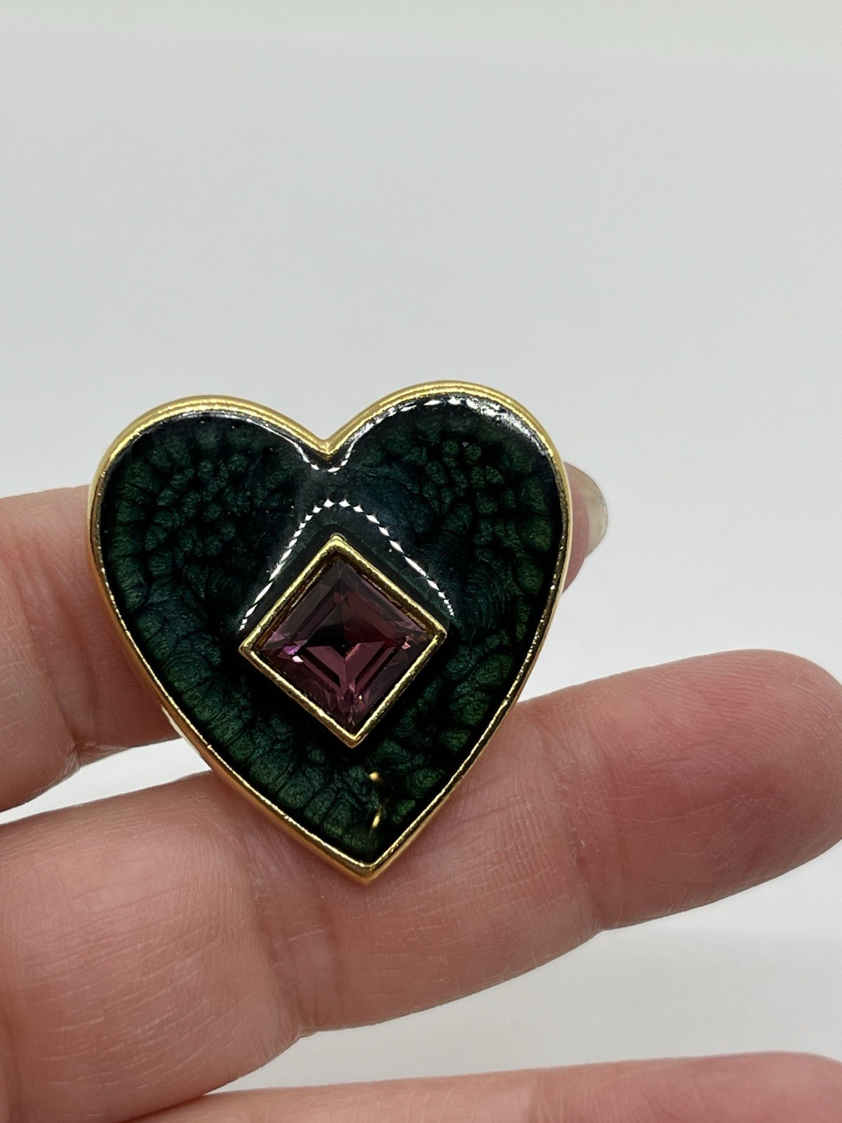 Yves Saint Laurent YSL Vintage Dark Green Heart Amethyst Diamond Clip, Earrings