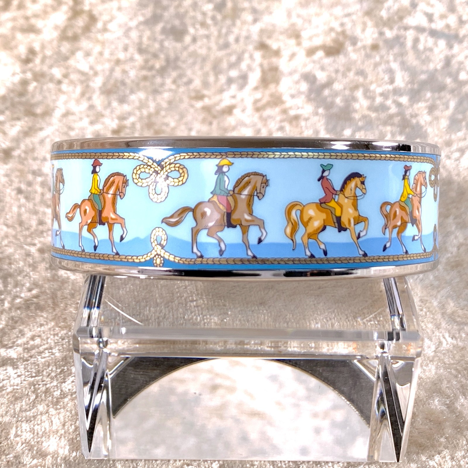 Vintage Hermes Bangle Bracelet Enamel Blue Horse Silver Rim Size 65 with Box