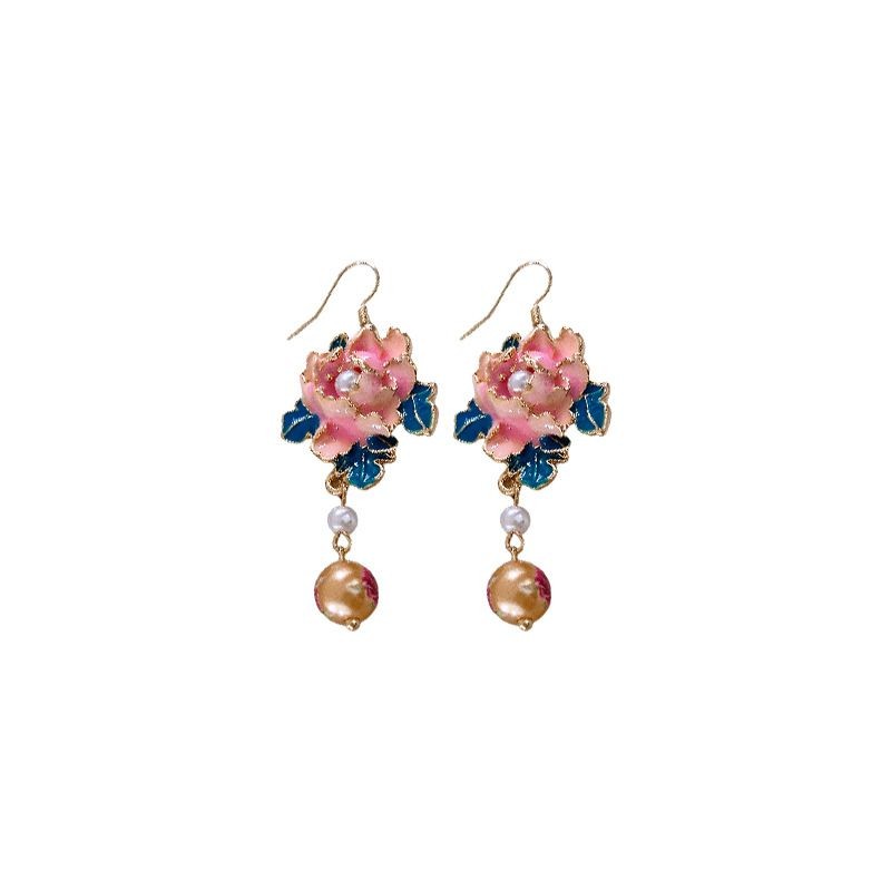 Chinese Style Enamel Painted Flower Pearl Tassel Earrings Vintage Jewelry