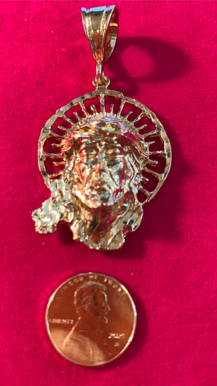 14 KT GOLD PLATED 2 1/4″ JESUS FACE W/ CROWN CHARM W/16-30″ 3MM ROPE CHAIN-4012