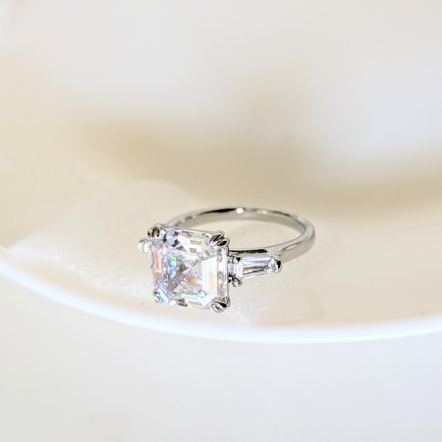 QVC Diamonique Epiphany Platinum Clad 3 Stone 3 Ct. Asscher Cut Ring -Size 9-NEW