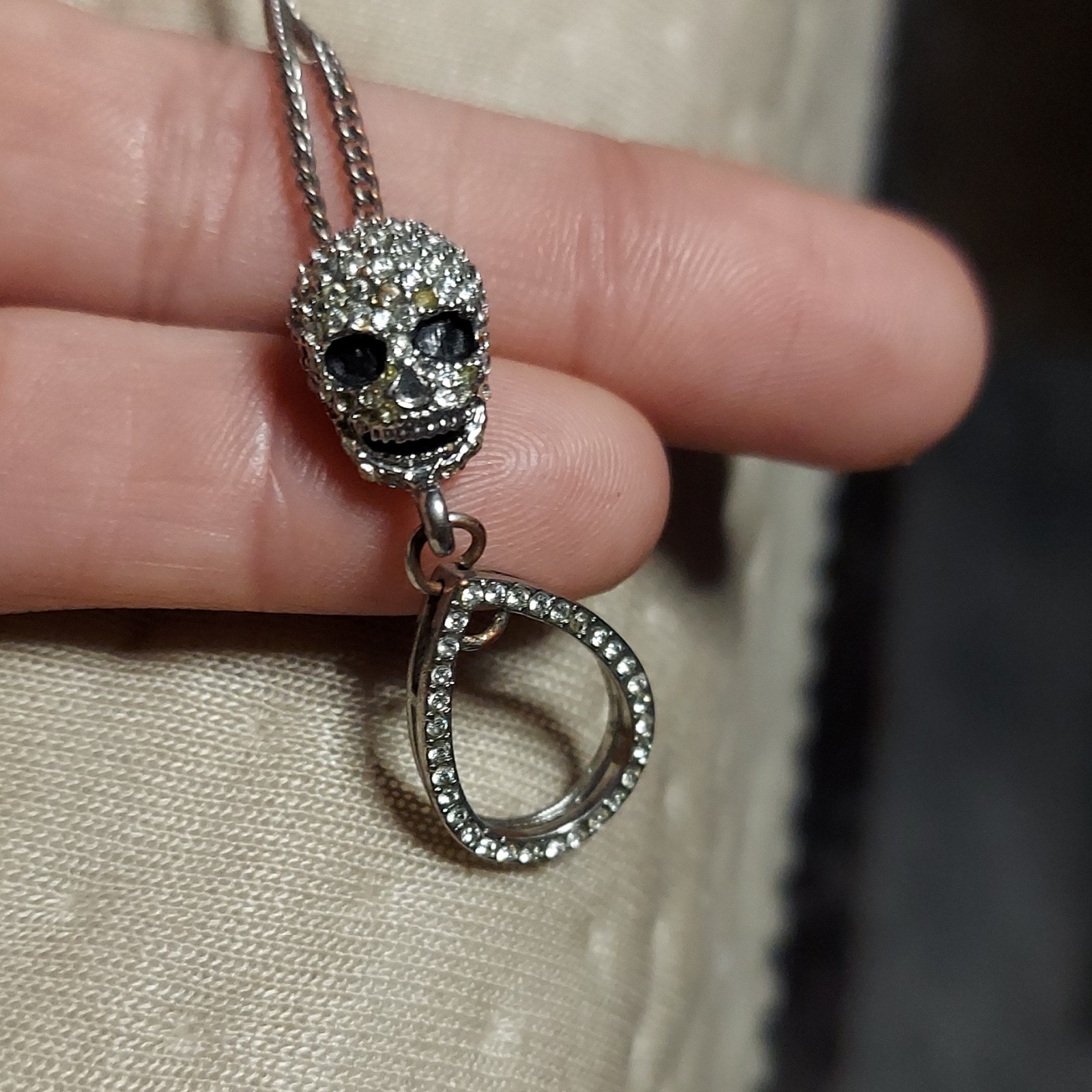 Silver Tone Pavé Crystal Skull Charm Pendant Necklace Snake Chain Lobster