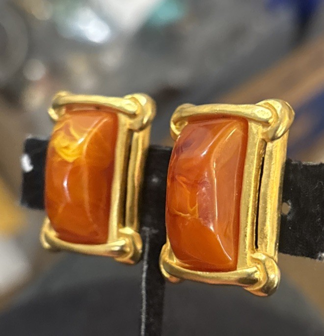 Vintage Karl Lagerfeld Gold Plated Orange Marbled Resin Clip On Earrings