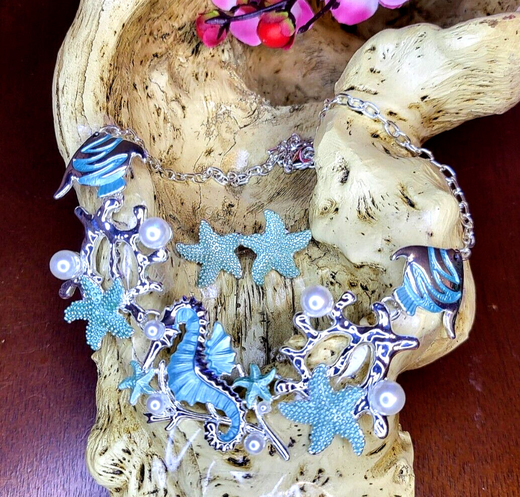 AVIANNA AQUA OCEAN LIFE FASHION DESIGNER ENAMEL NECKLACE & EARRINGS SET