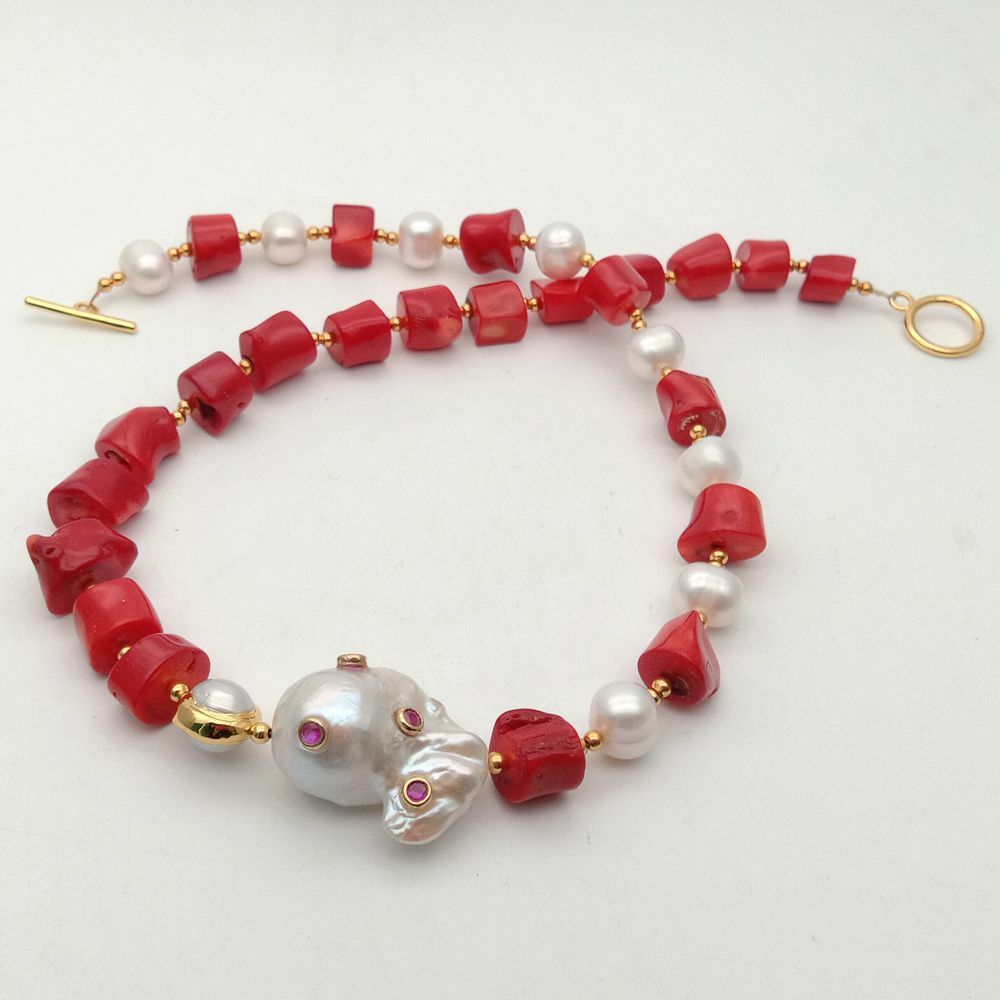 21″ Red Coral White Pearl Necklace White Keshi Pearl Cz pave Pendant