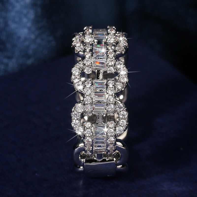 925 Sterling Silver Ring Zircon Women Men Sterling Stone Rings Chain Link Gift