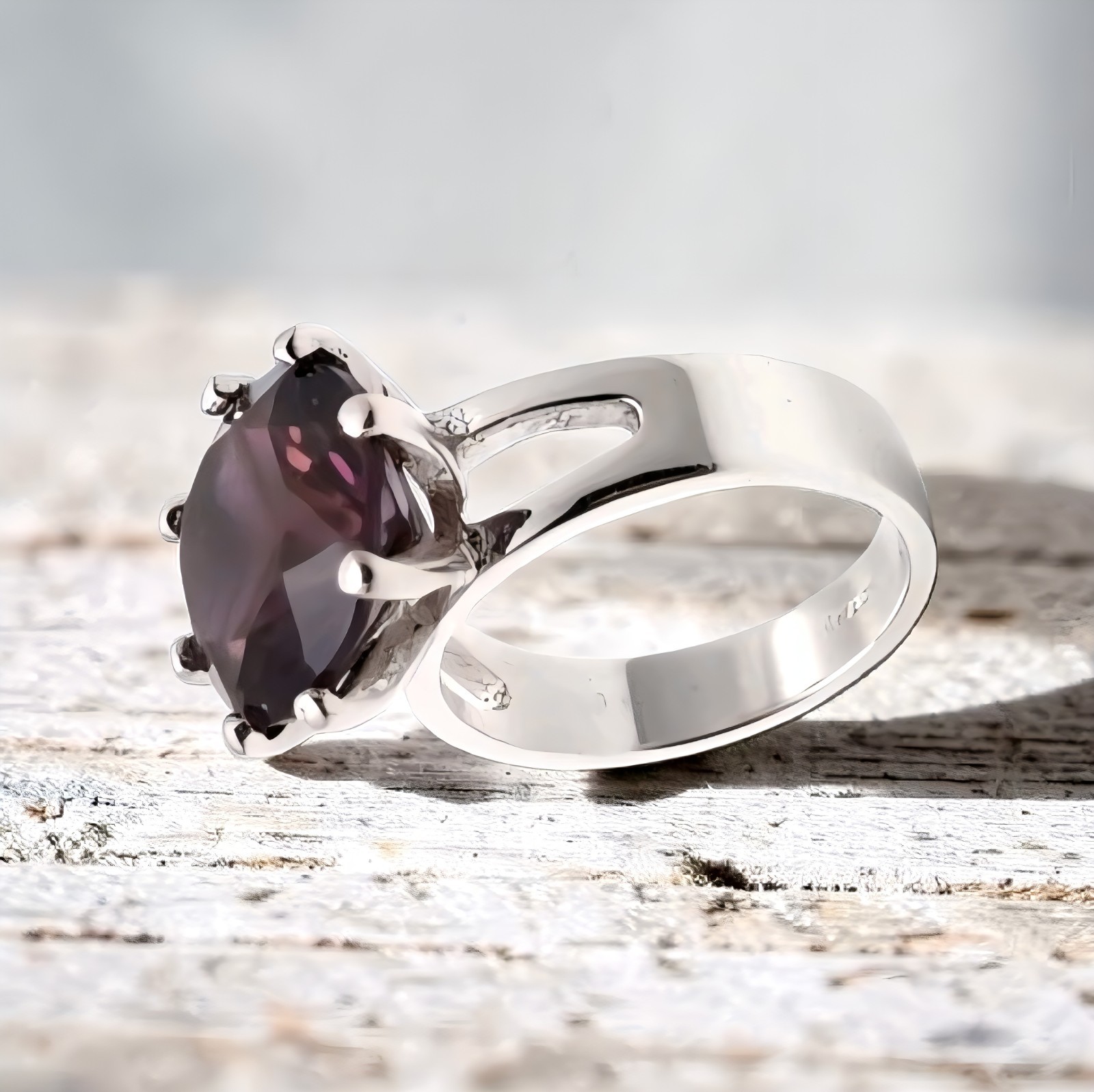 Sterling Silver Cushion Red Amethyst Cocktail Ring Prong Set Size 6.5