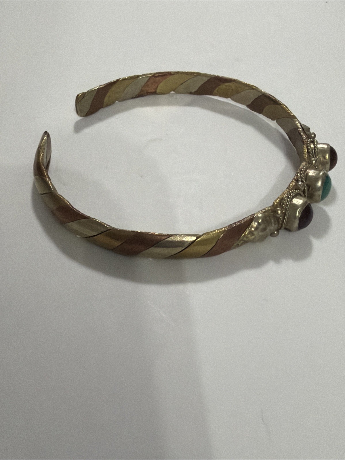 Vintage 3 Metal Braided Cuff Rope, Green & Red Stone, Copper Tone Bracelet —(G)