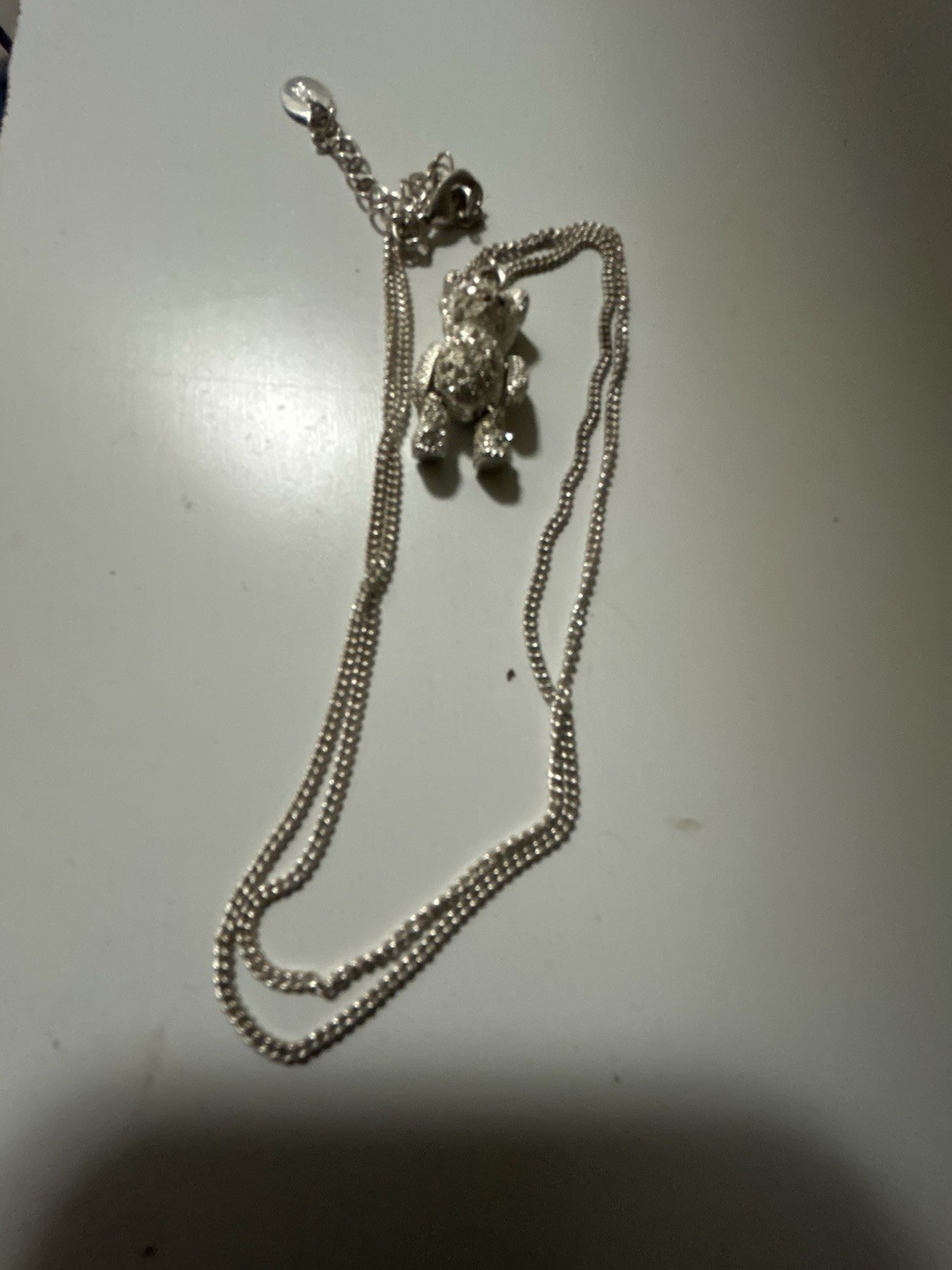 Silver Tone Crystal Teddy Bear Charm Pendant Necklace Cable Chain Adjustable