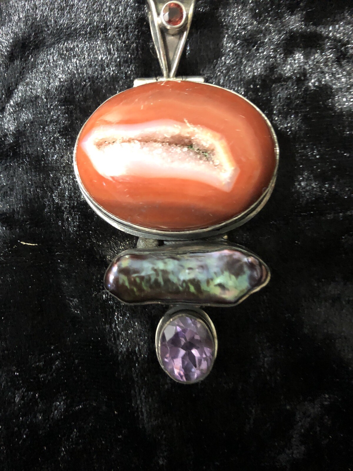 AGATE DRUZY HALF GEODE PENDANT IN 925 STERLING SILVER SETTING with other stones