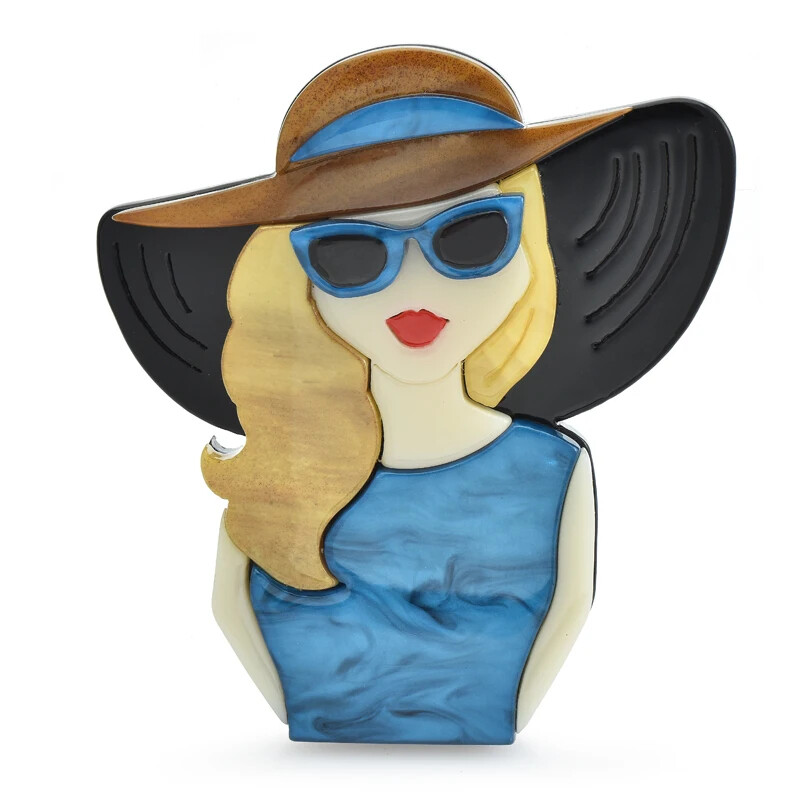 Acrylic Beautiful Lady Brooches For Women Modern Girl Figure Wear Glasses Hat