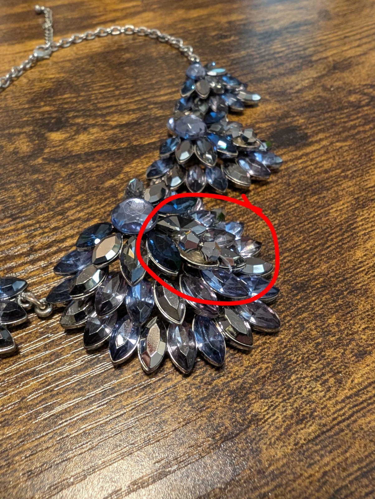 Navy Blue Crystal Marquise Flower 5 Cluster Statement Necklace Silver Tone