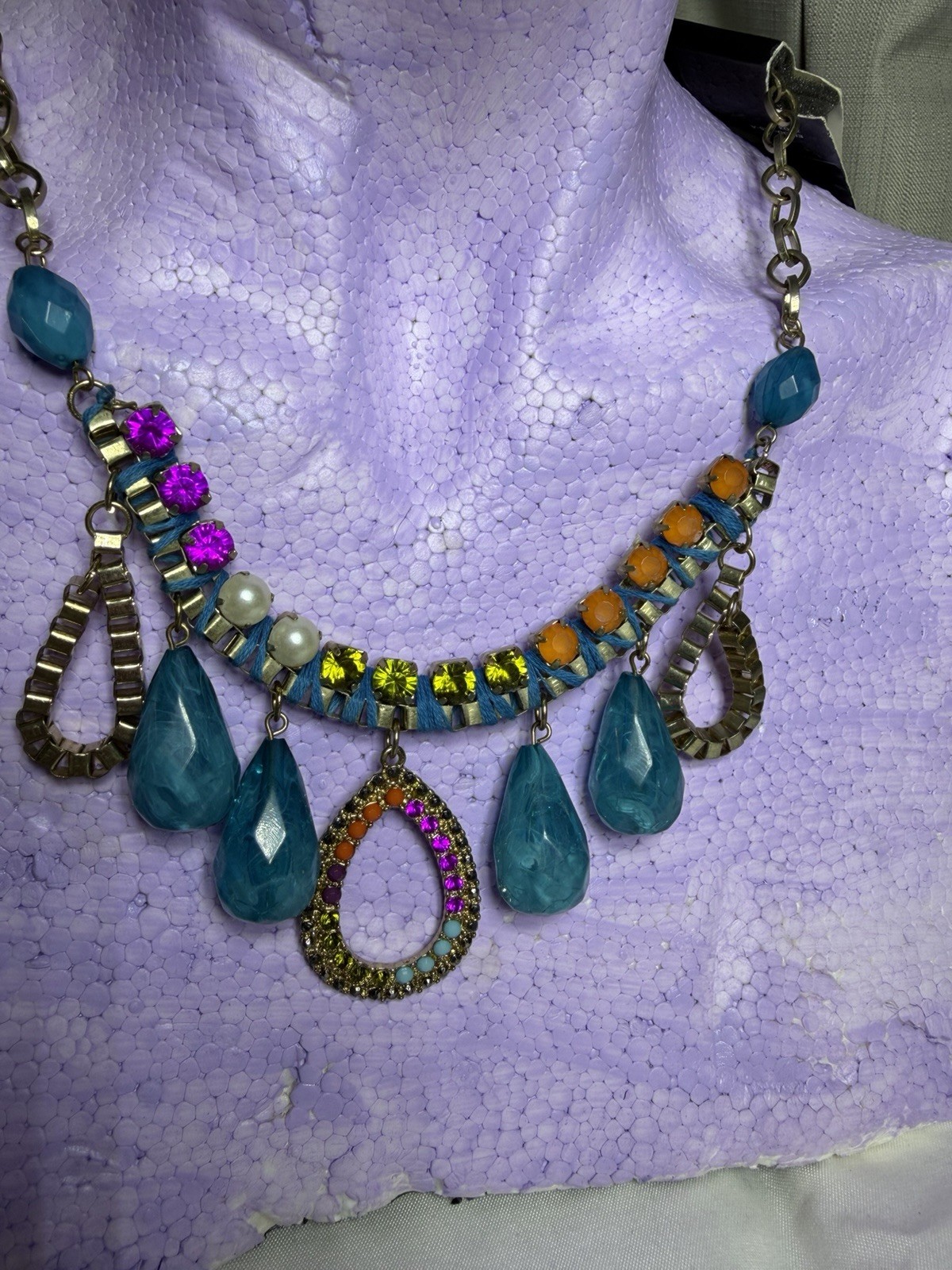 Colorful Statement Bib Necklace Blue Teardrop Rhinestone Boho Festival #07