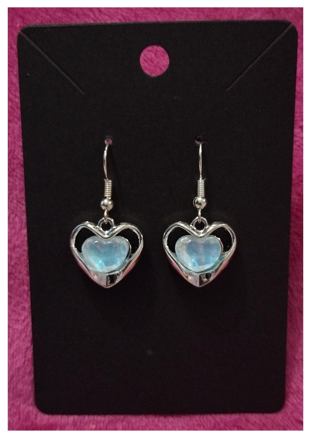 Synthetic Opal Gemstone Inside Silver Heart Drop Dangle Silver Plated Earrings