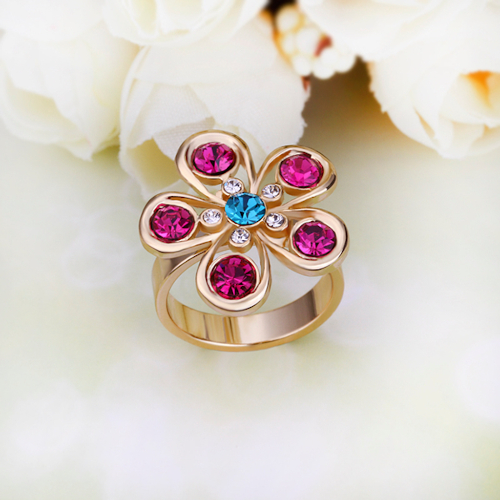 18K Gold Blue Pink Zirconia Flower Band Ring Size 8 B117