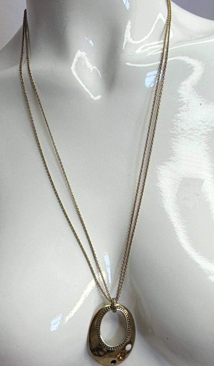 Lia Sophia Gold Tone Circle Pendant Necklace with Rhinestone Accents Long Chain