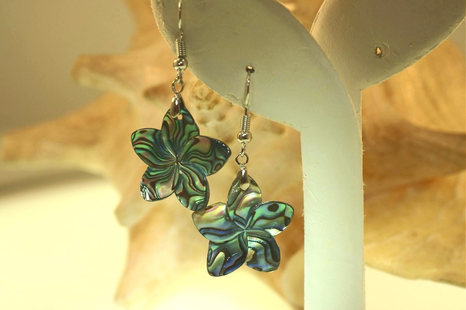 25mm HandCarved Paua Abalone Shell Hawaiian Plumeria 316L Dangling Hook Earrings