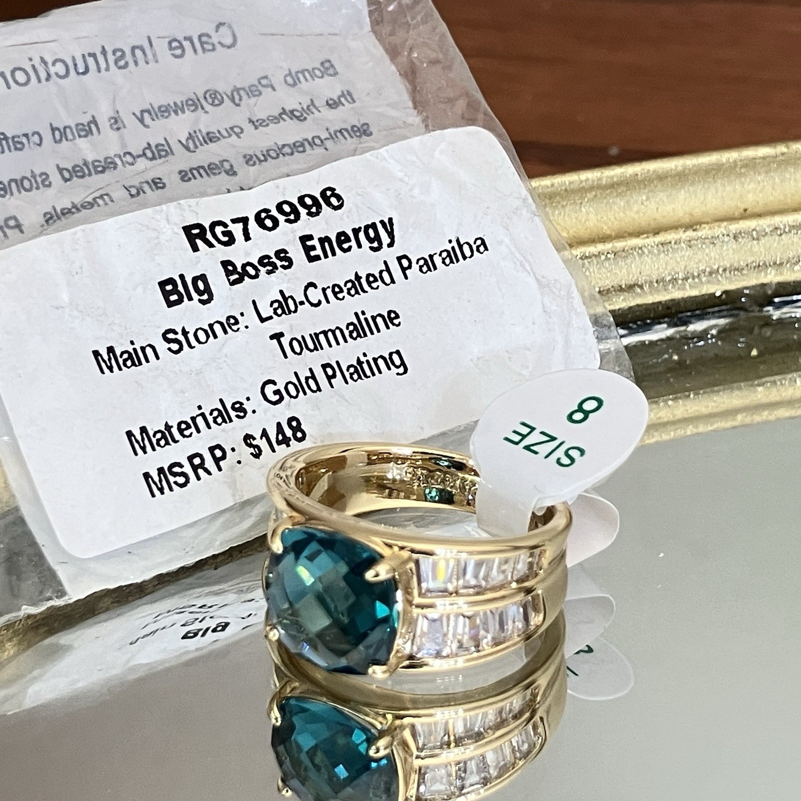 Bomb Party OG Ring “Big Boss Energy” Paraiba Tourmaline on Gold RG76996 Sz 8 NEW