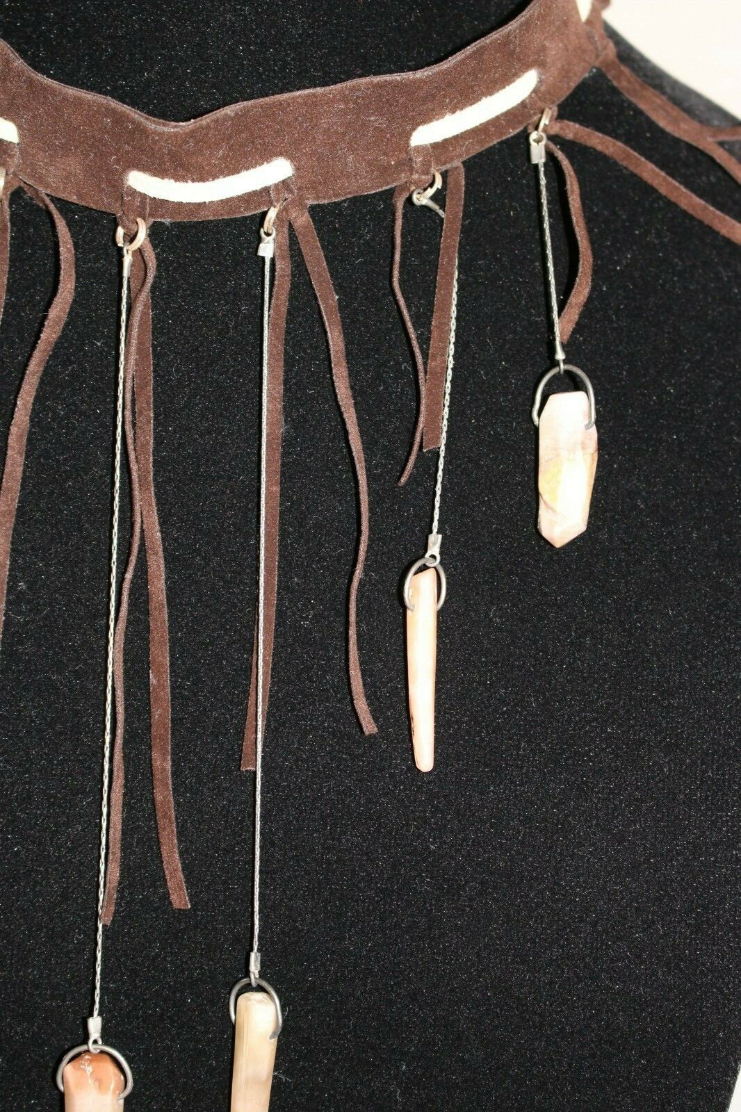 Western Style Necklace Made Of Natural Agate, Brown Cream Genuine & Faux Leather