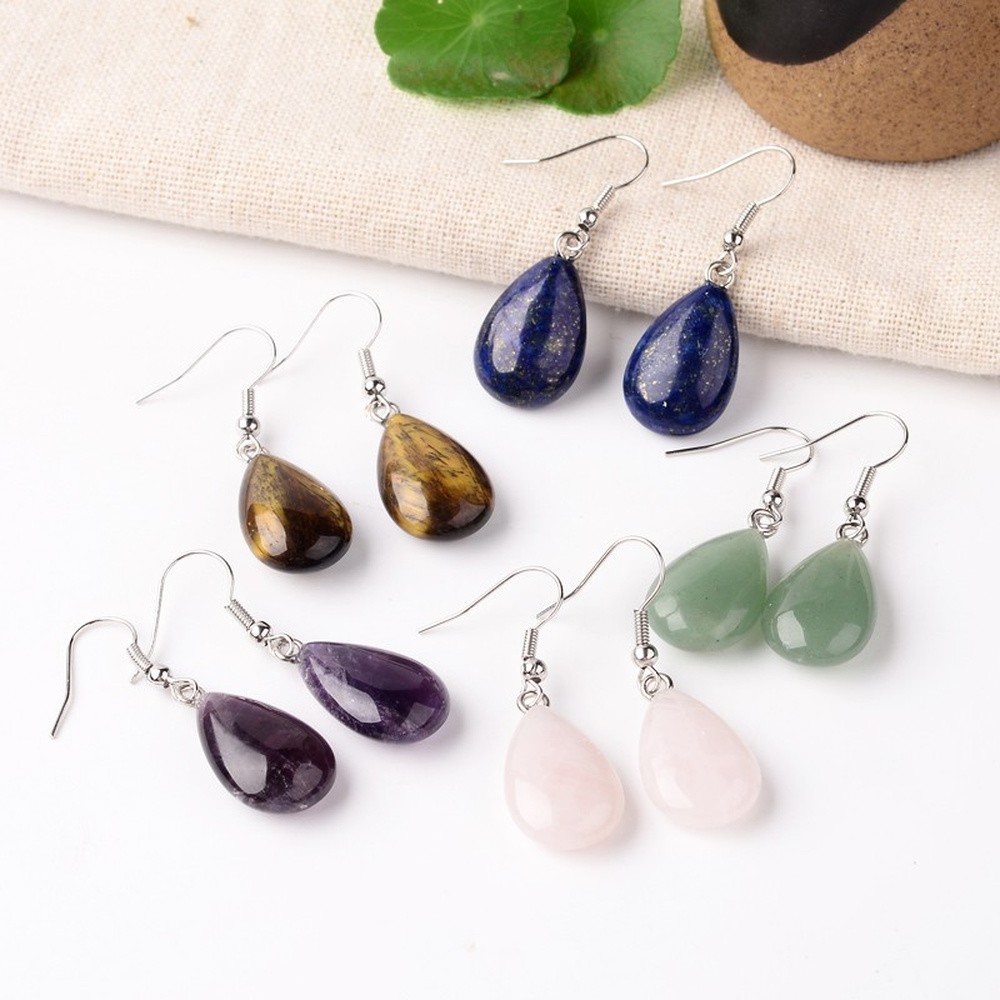 Dangle Drop Earrings Crystal Gemstone Silver Teardrop 1.61 in Amethyst Opal E81