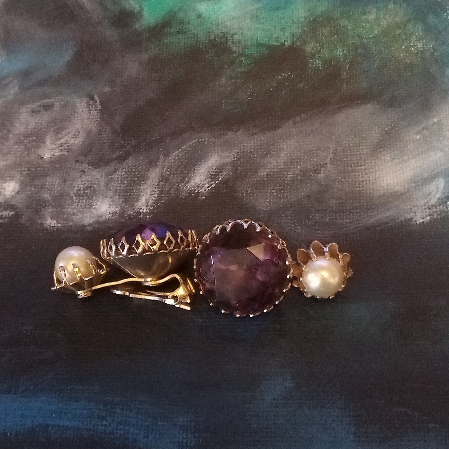 Gold Tone Clip-On Stud Earrings Purple Round Stone with Faux Pearl Drops