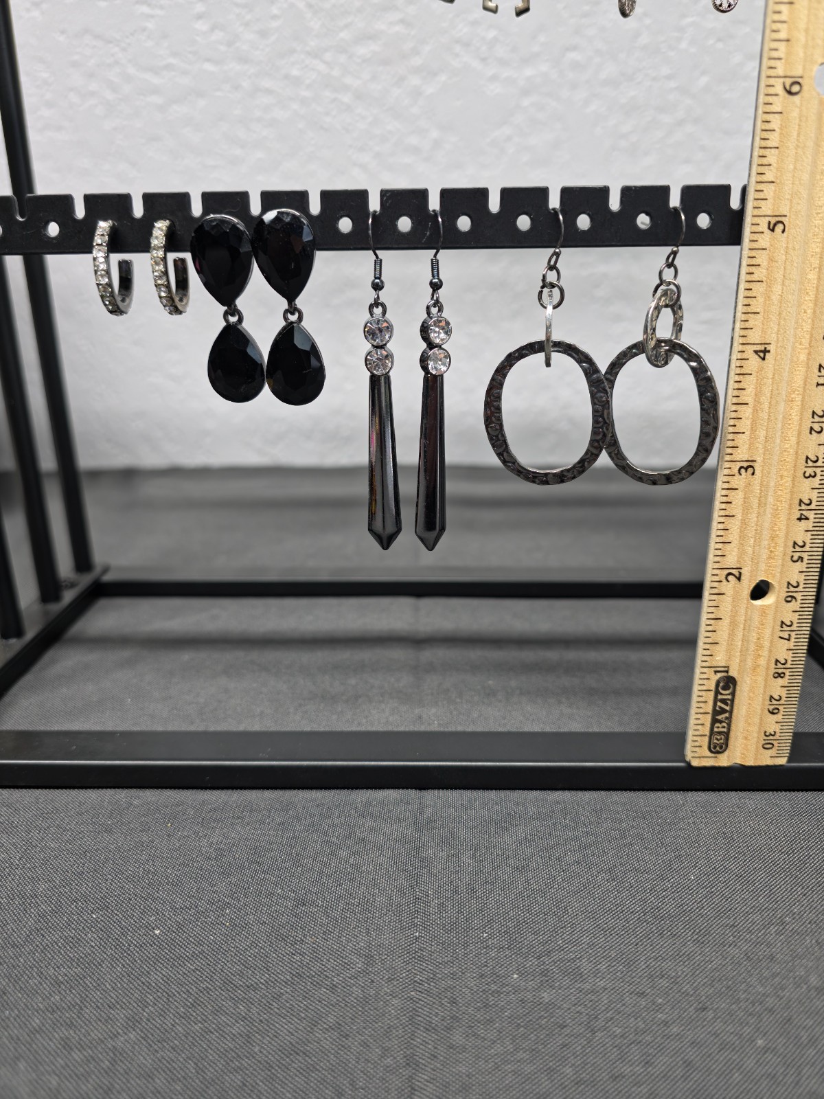 Lot of 4 Gunmetal Black Tone Hoop Dangle Earrings Rhinestone Goth Grunge Punk