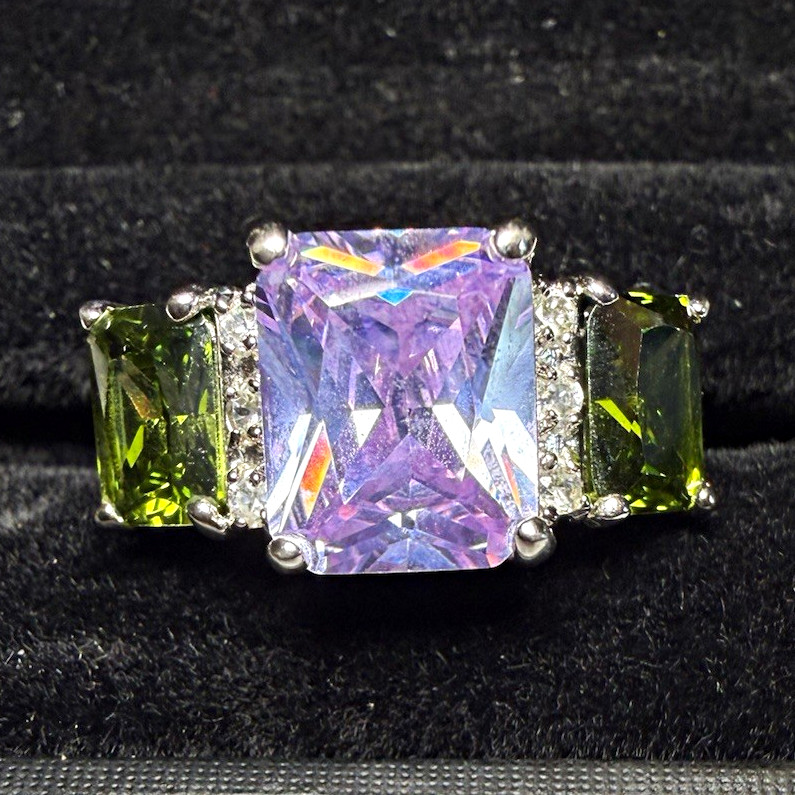925 Sterling Silver Cocktail Ring Purple Square Center Stone Green Sides Sz 10