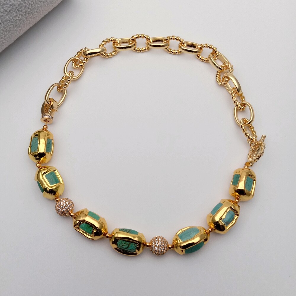 16.5″ Turquoise With Electroplated Edge CZ Pave Beads Chain Choker Necklace