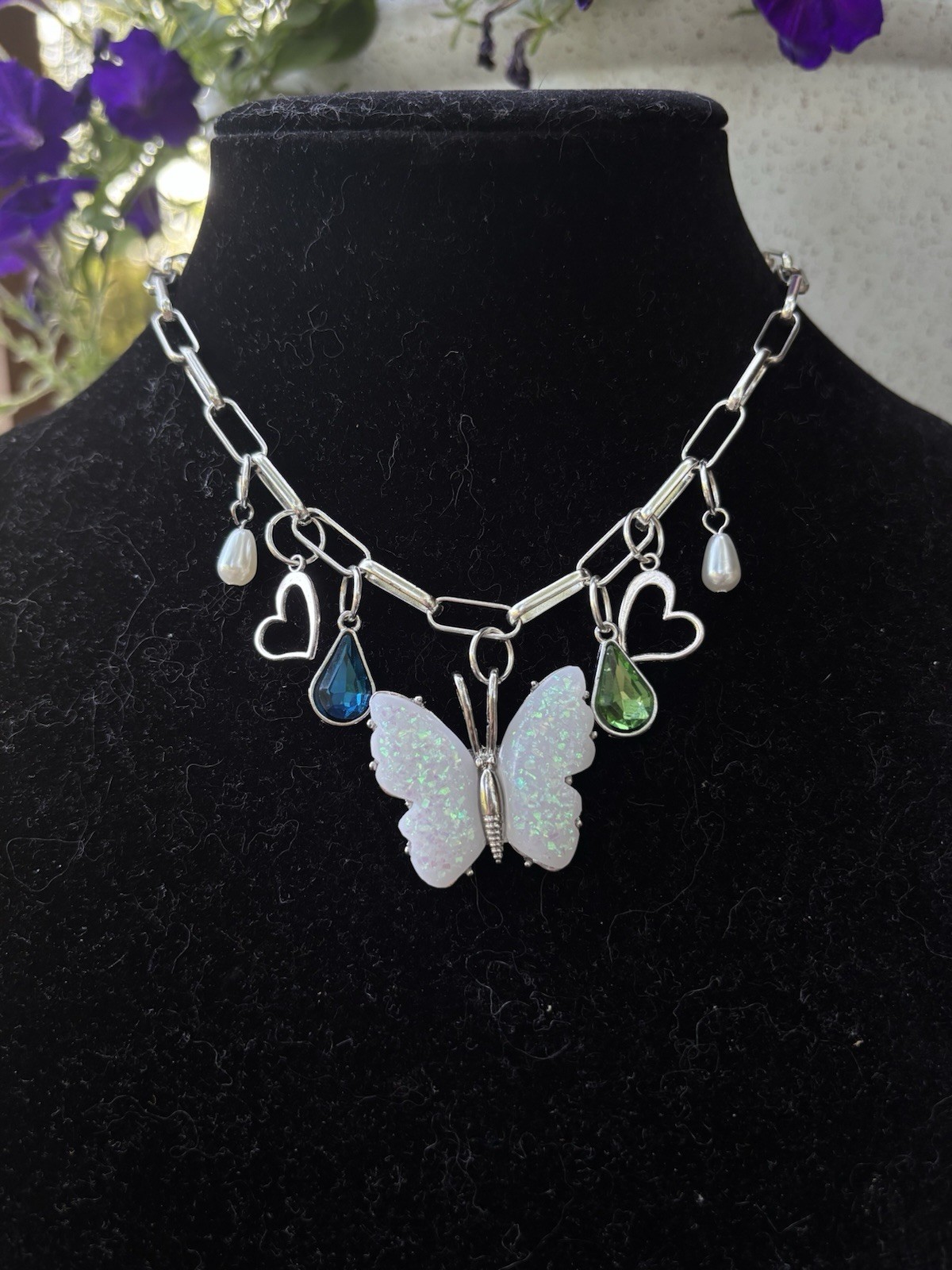 Handmade Butterfly Choker Opal Butterfly Pearl Charm Silver Necklace Fairy