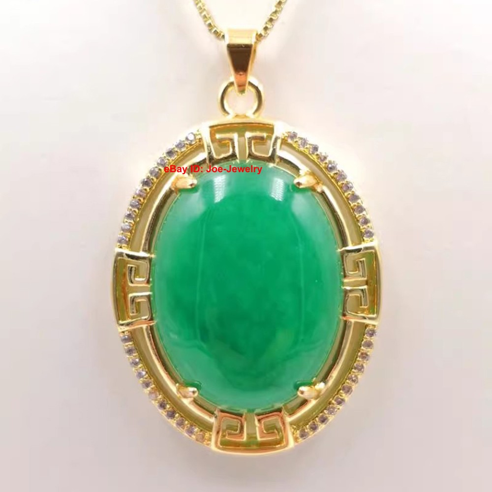 New Yellow Plated Alloy Heated Oval Green Jade Pendant 40mm H Bright