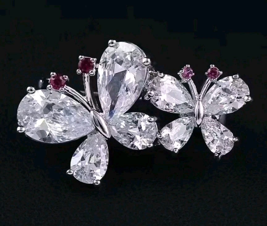 Silver Crystal CZ Butterfly Garden Brooch Pin Silver Backing, 1.03 x 0.59-In