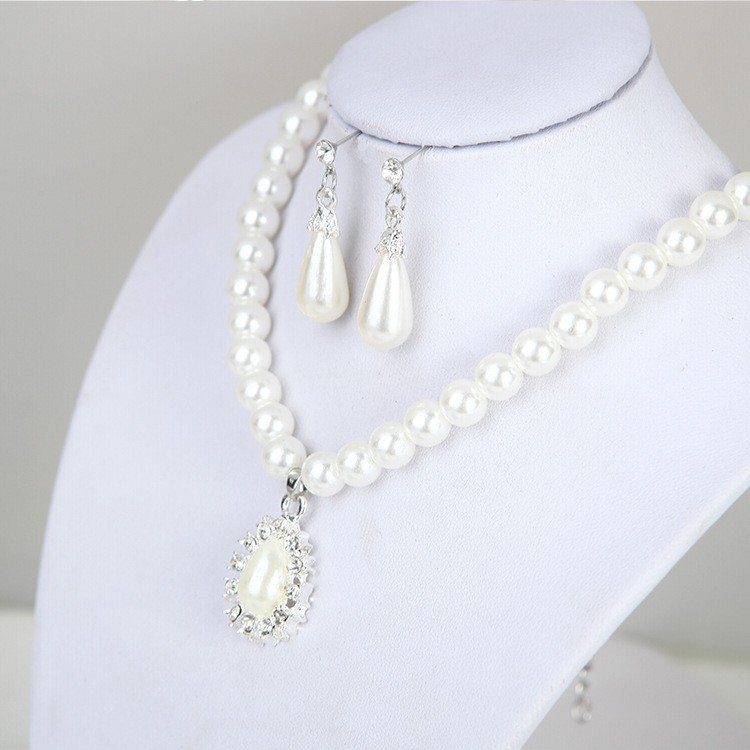 Pearl Necklace & Earrings Set White Teardrop Pendant Crystal Bridal Wedding set
