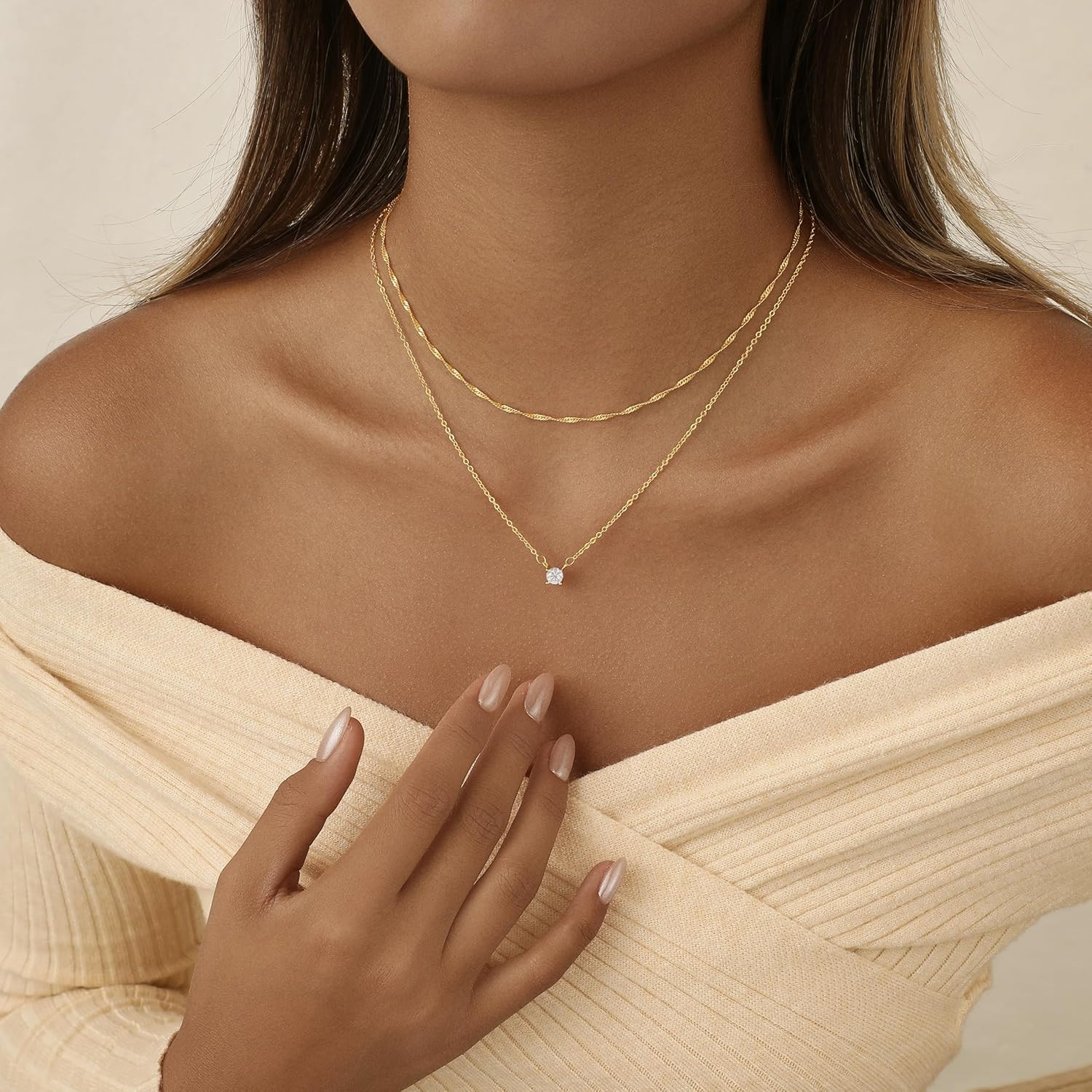 Layered Gold Necklace for Women Trendy 14K Gold Plated Heart CZ Pendant Layered