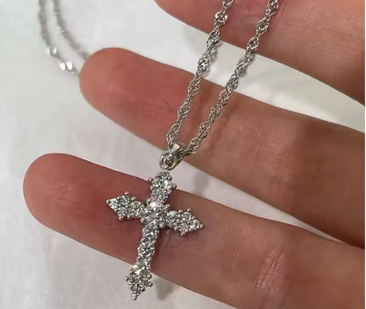 Cross Necklace Women’s Silver Tone Sparkling Shiny Religious Jewelry Delicate