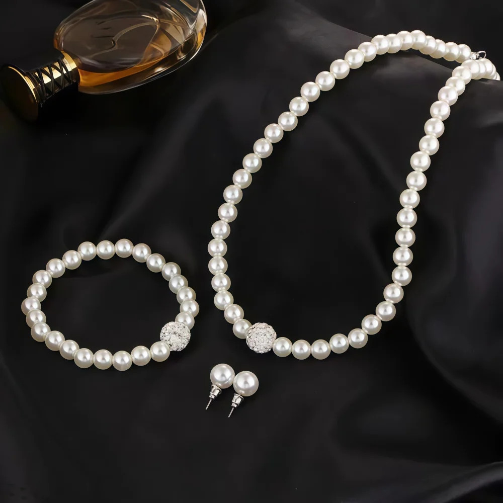 3PCS Pearl Jewelry Set Necklace Bracelet Earring Stud Gift Set For Women
