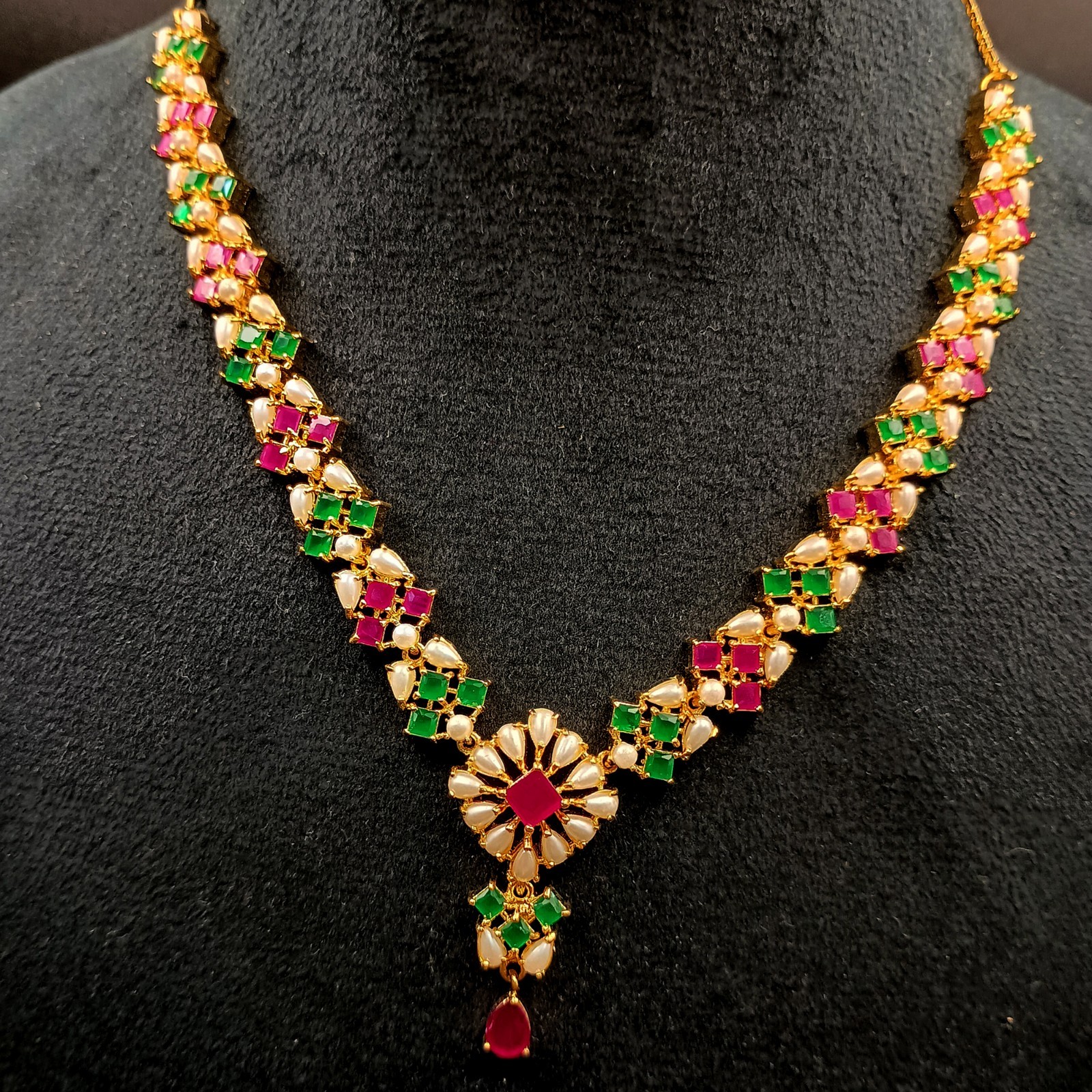 Bollywood Style Ruby Emerald Pearl 22K Gold Plated Jewelry Necklace Earrings Set