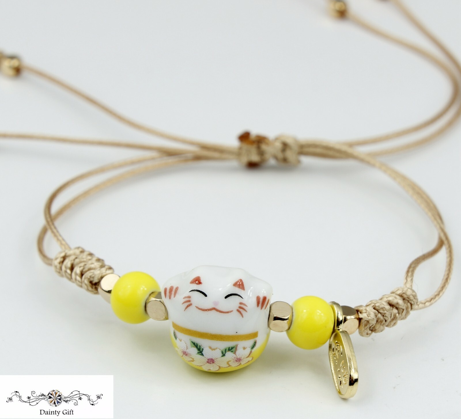 Girl Women Luck Ceramic Fat Flower Cat / Kitty Animal Adjust Rope Bracelet 4-11″