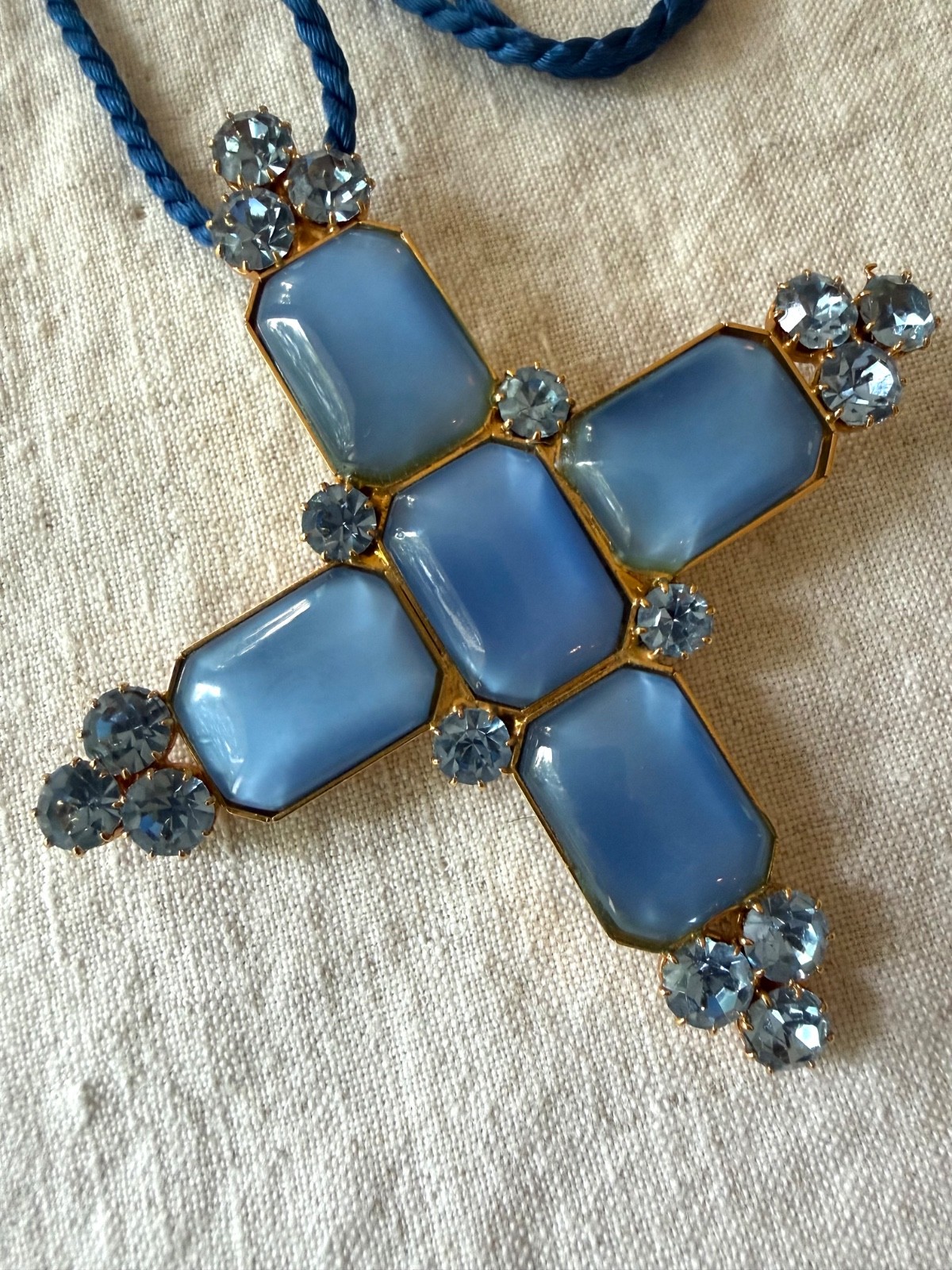 NWOT Vintage French Couture Style Cross / Brooch-Pendant Blue Glass 1980s